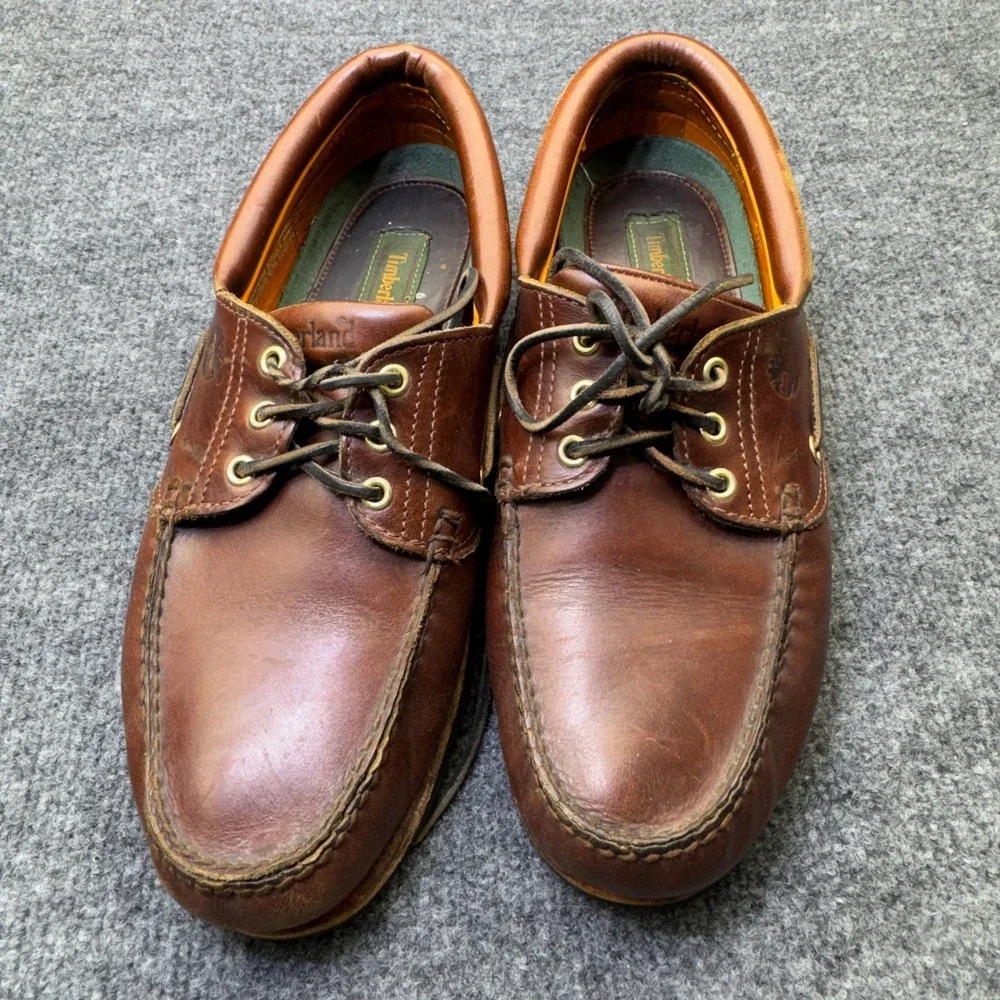 Vintage Timberland 3 Eye Lug Boat Shoes Mens 11 M Brown Leather Moc Toe 32015
